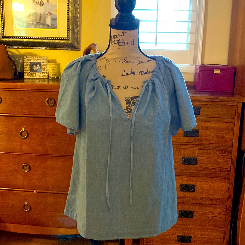 J. Crew Tie-neck cotton-poplin chambray cotton blouse